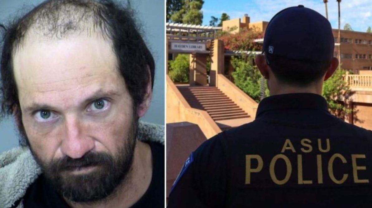 Booking photo of Wesley Waggoner beside an ASU Police officer at Hayden Library