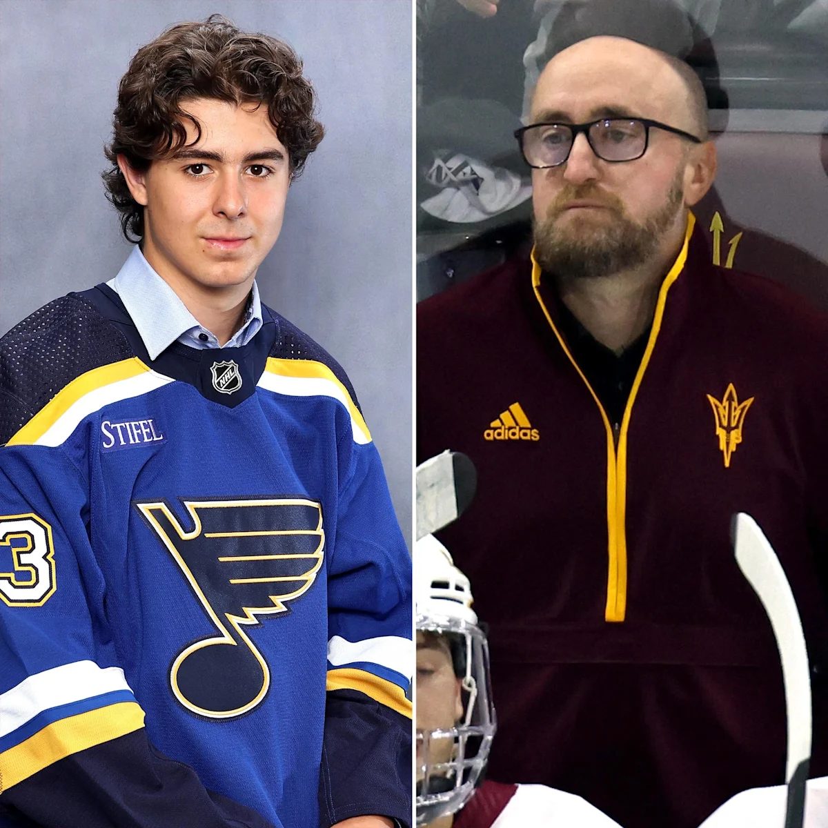Matthew Mayich in a St. Louis Blues draft photo, left, and former ASU hockey coach Greg Powers, right