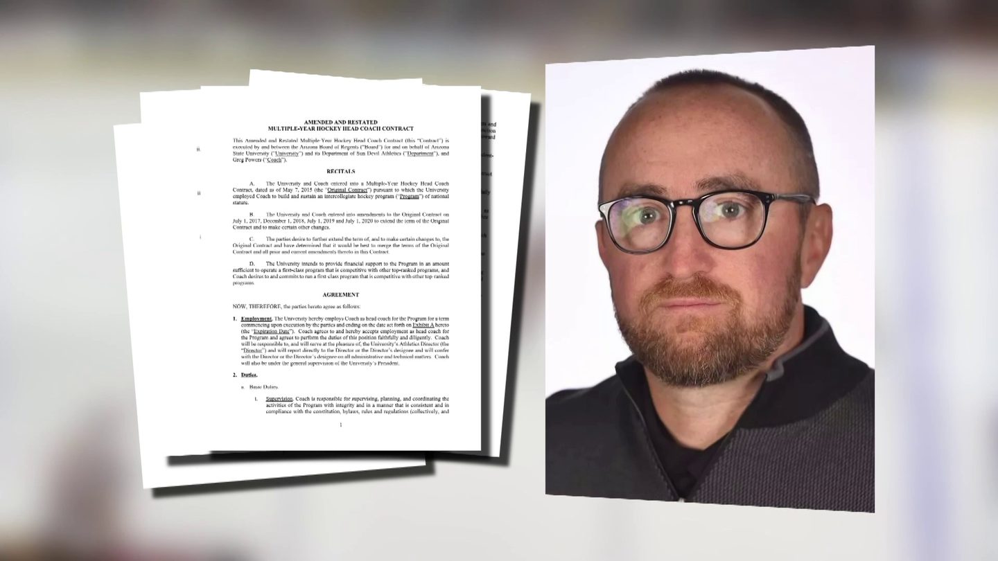Greg Powers beside pages of his ASU head coach contract
