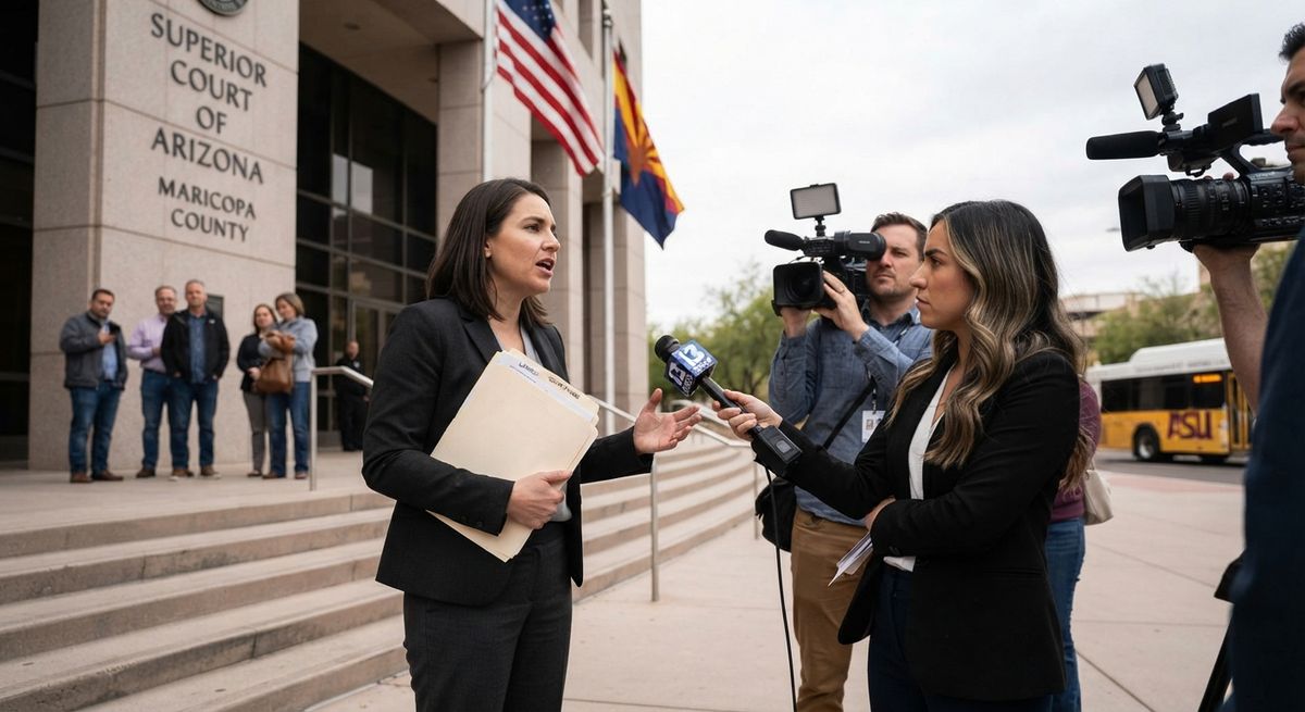 Illustration: attorney speaking to reporters outside Maricopa County Superior Court